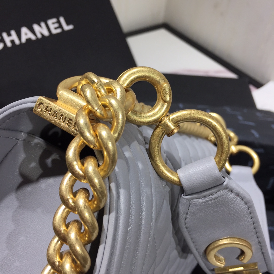 Ch**el small original lambskin leather boy flap bag grey 25 cm