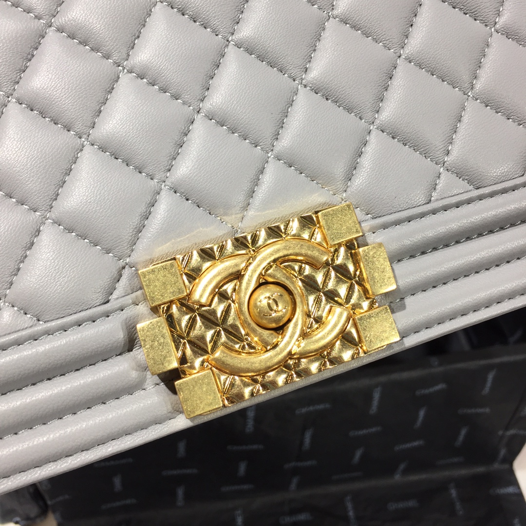 Ch**el small original lambskin leather boy flap bag grey 25 cm