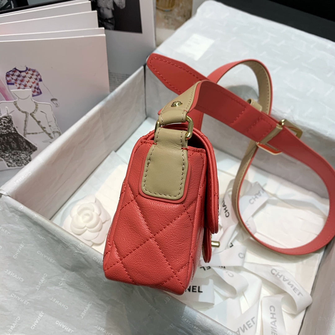 Ch**el calfskin flap bag coral as2273 20cm