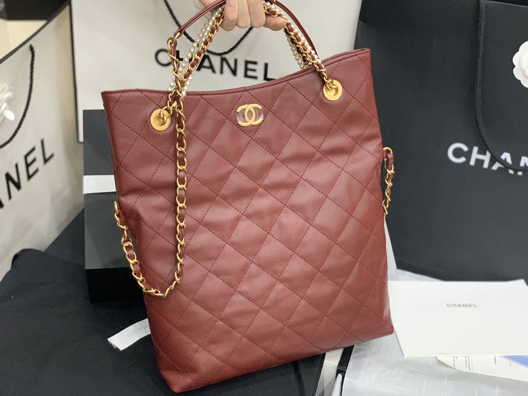 Ch**el calfskin crystal pearls shopping bag red as2213 34 x 25 x 5 cm