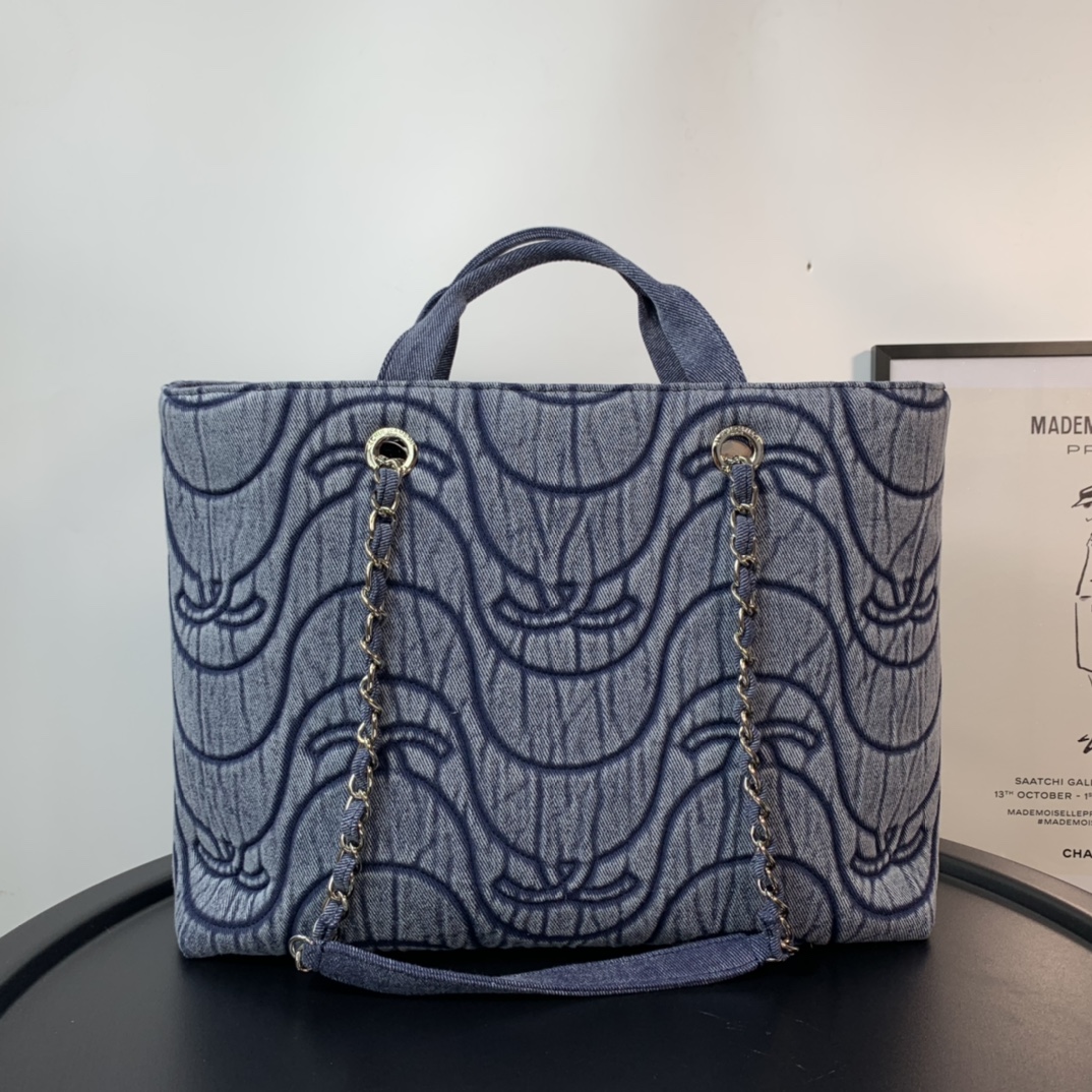 Ch**el washed denim cc wave shopping bag blue 2021 30 cm