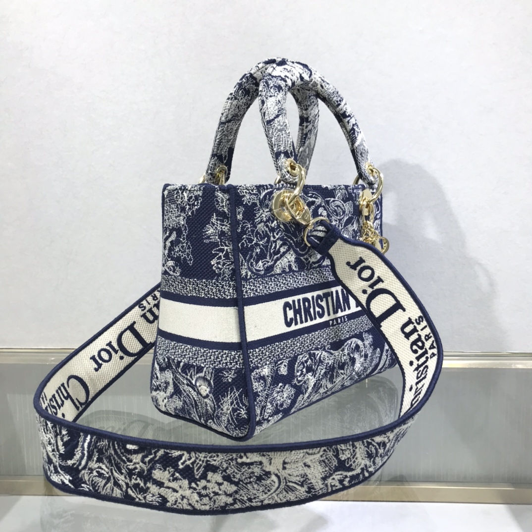D10r medium lady d-lite bag blue toile de jouy reverse embroidery m0565 23.5 x 20 x 13 cm