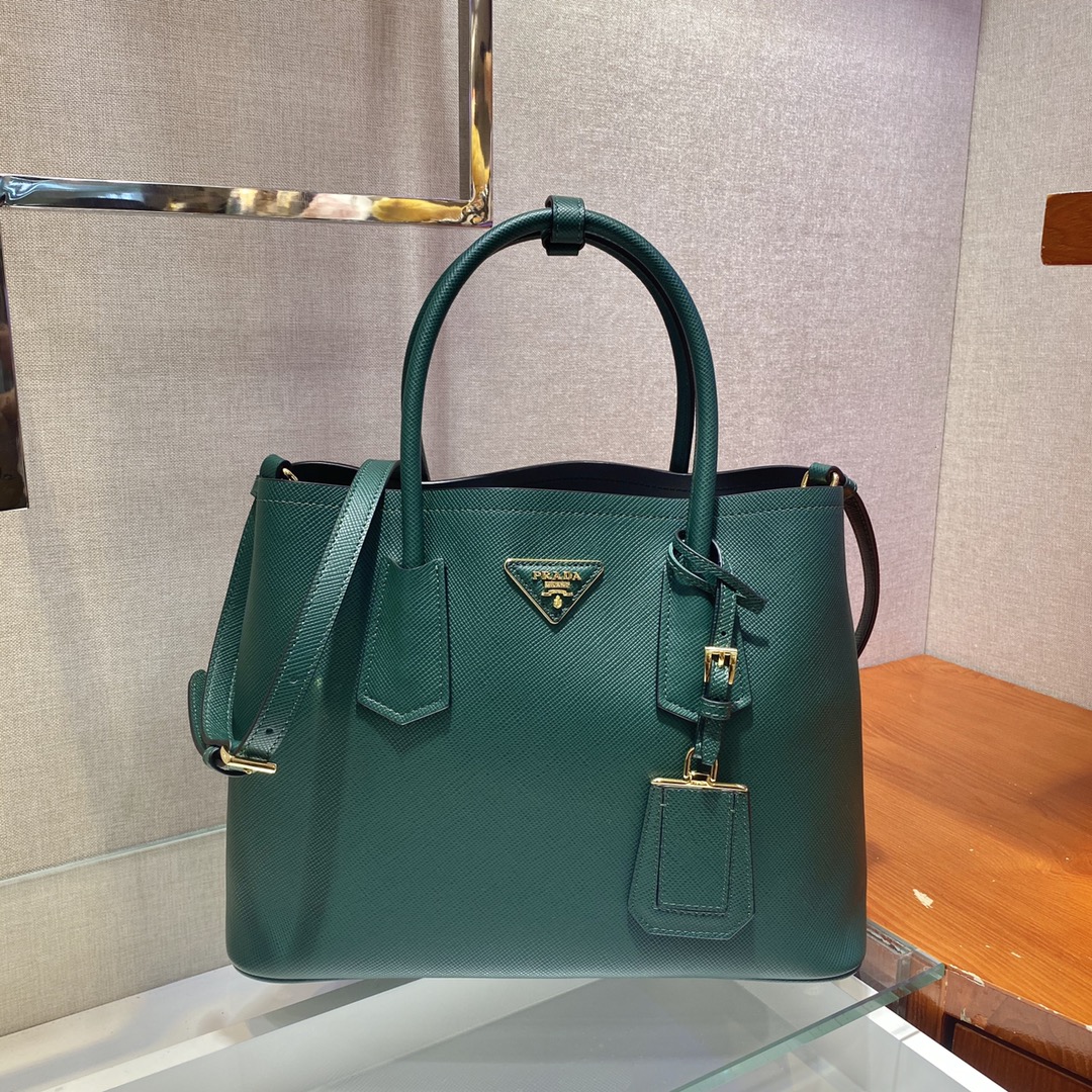 Pra*a medium saffiano leather double Pra*a bag dark green 1bg775 33 x 24.5 x 14 cm