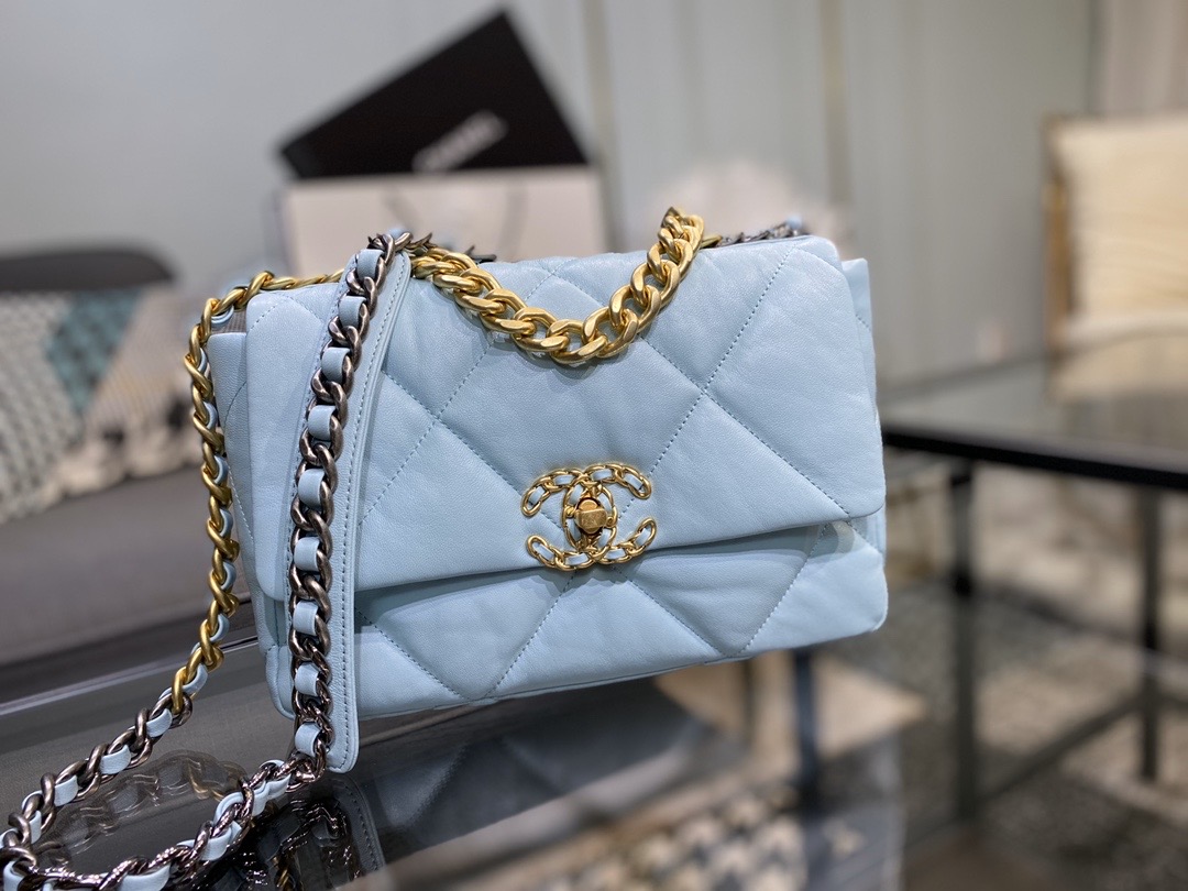 Ch**el 19 handbag lambskin light blue as1160 26cm