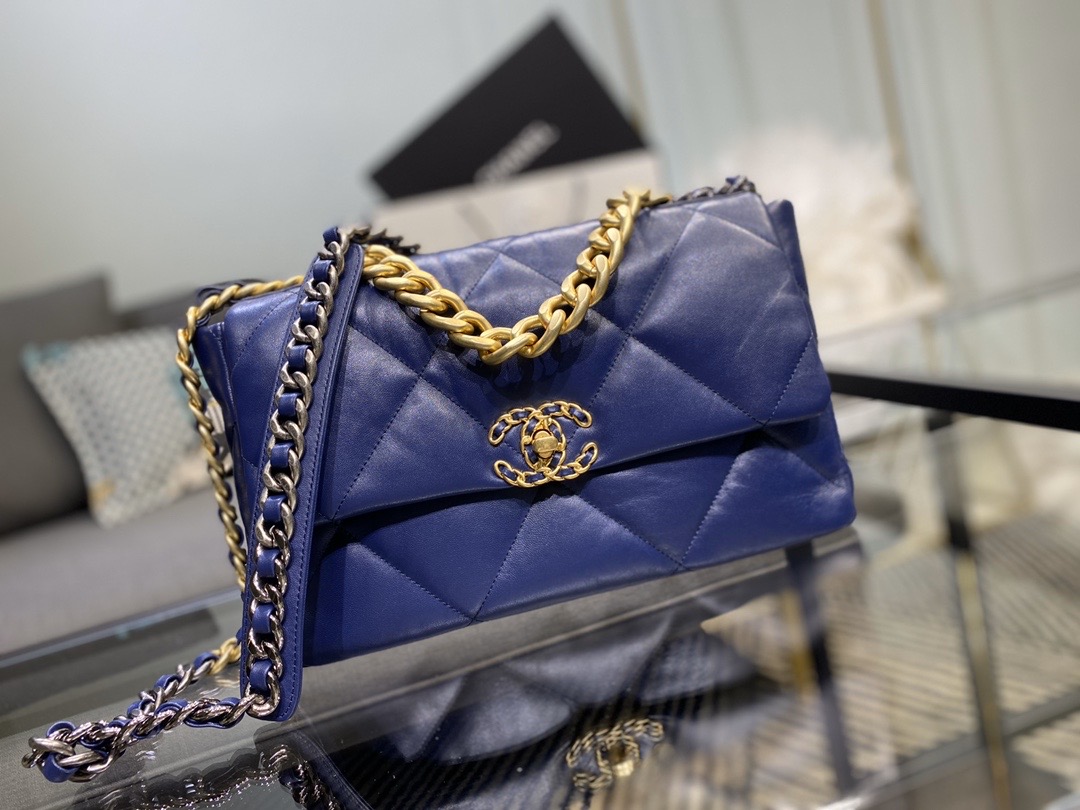 Ch**el large 19 handbag lambskin dark blue as1161 30cm