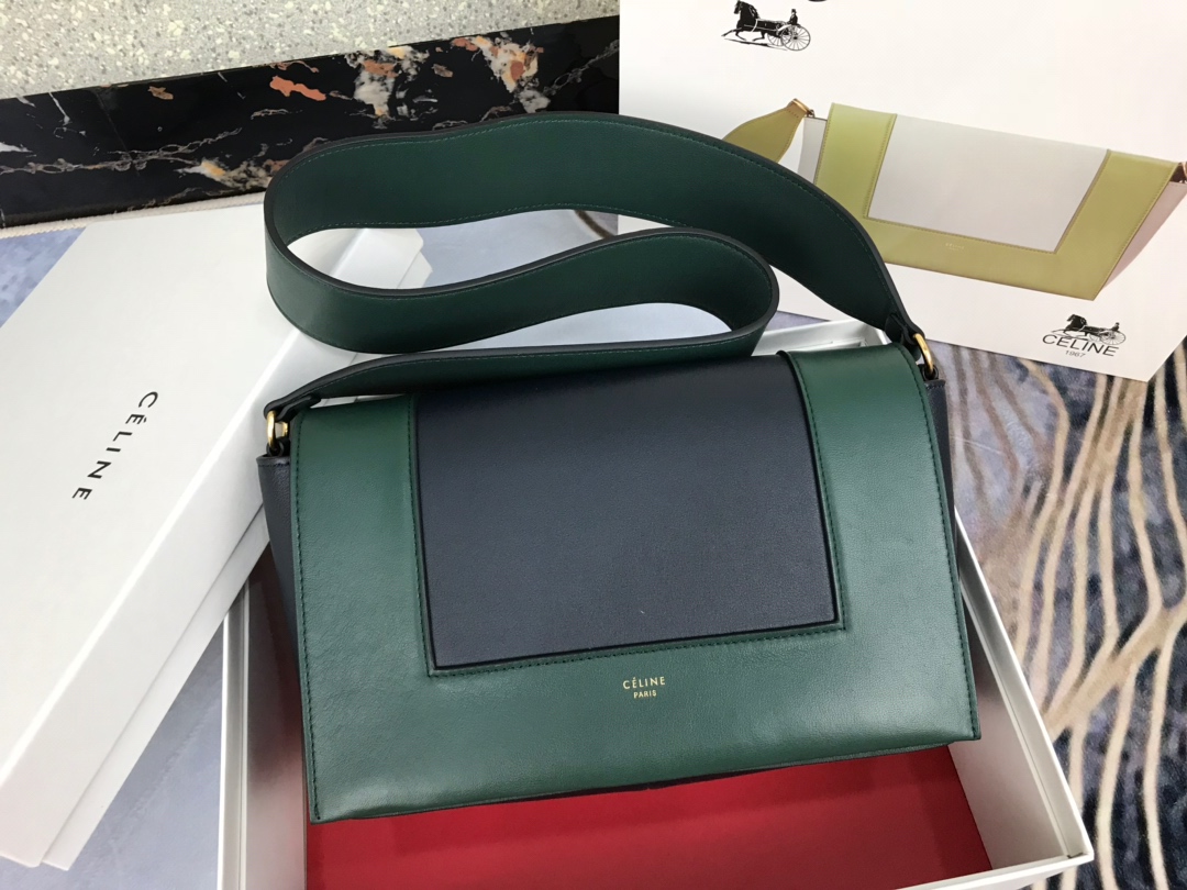 Ce1i*e medium frame bag in shiny smooth calfskin dark green and black 180263 25 x 17 x 8.5 cm
