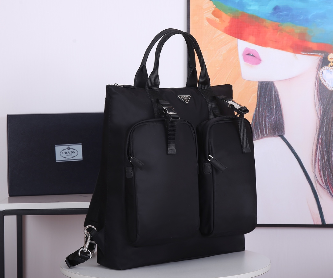 Pra*a nylon and saffiano leather tote black 2vg053 40 x 44 x 10 cm