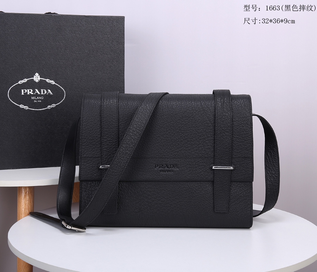Pra*a leather shoulder strap black 1663 32 x 36 x 9 cm