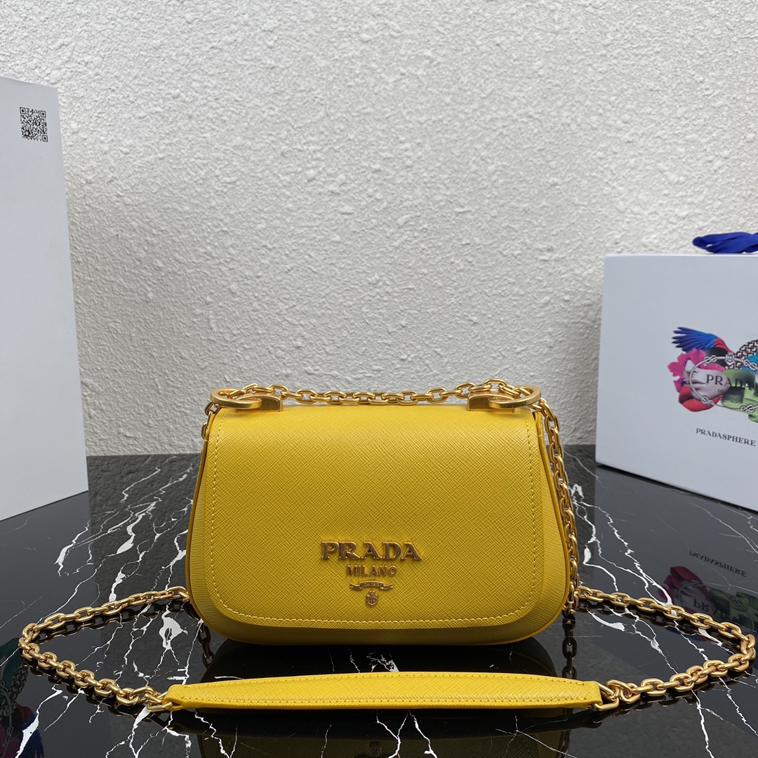 Pra*a saffiano leather shoulder bag golden metal yellow 1bd275 22 x 14 x 6.5 cm