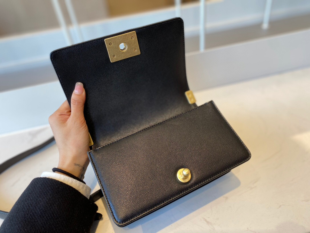 Ch**el small boy handbag grained calfskin & golden metal black a67085 20 cm