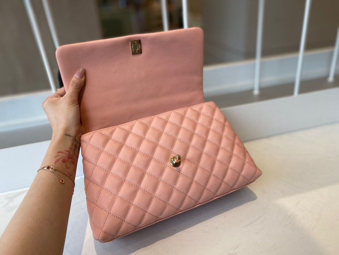 Ch**el small coco handle bag grained leather pink a92991 28 cm