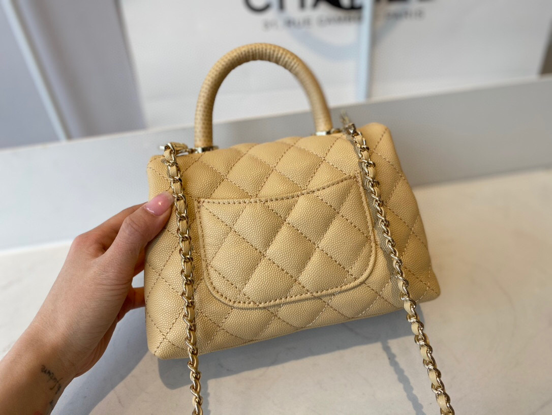 Ch**el extra mini coco handle bag grained leather light beige as2215 13 × 19 × 9 cm