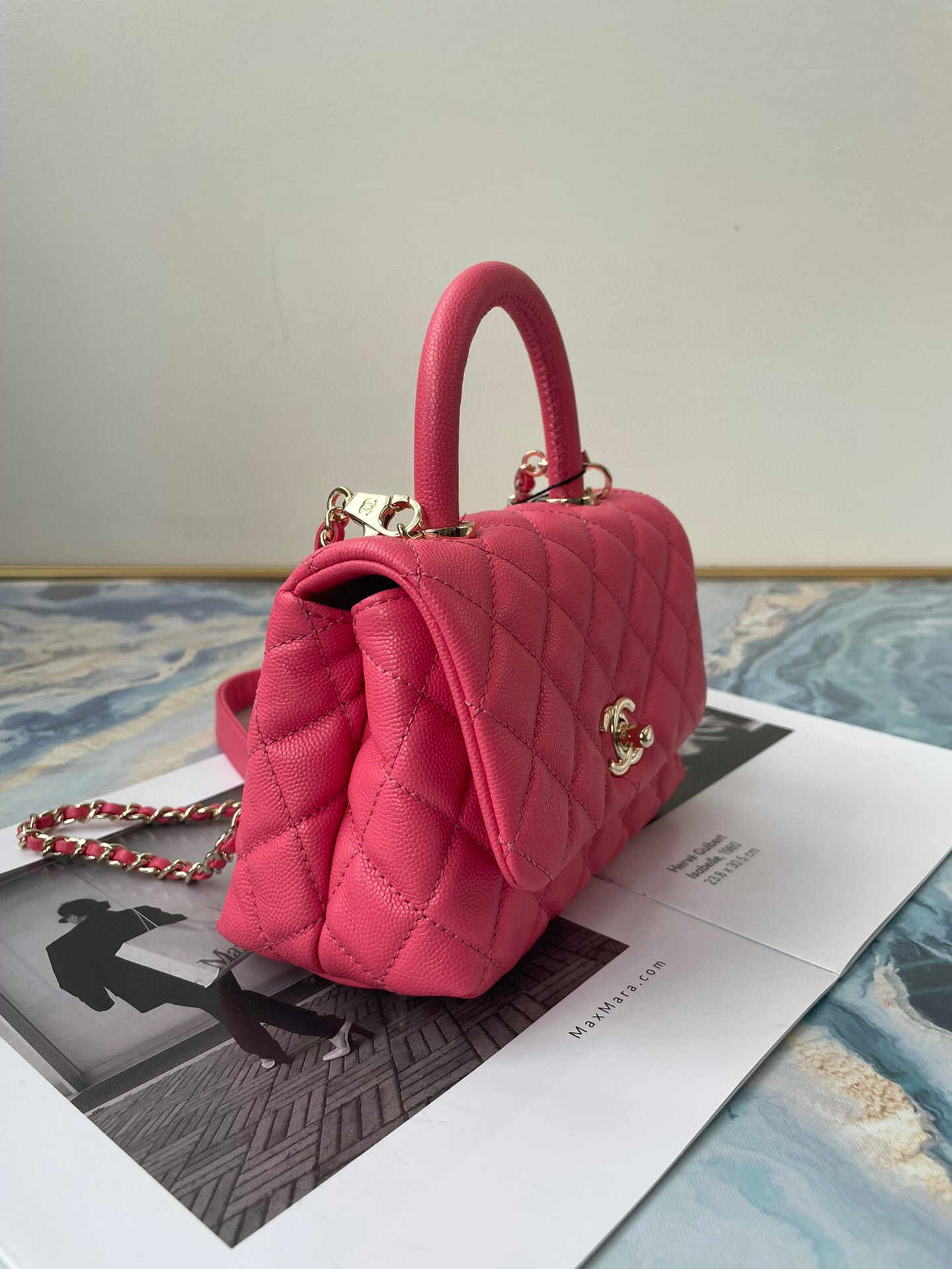 Ch**el extra mini coco handle bag grained leather dark pink as2215 13 × 19 × 9 cm