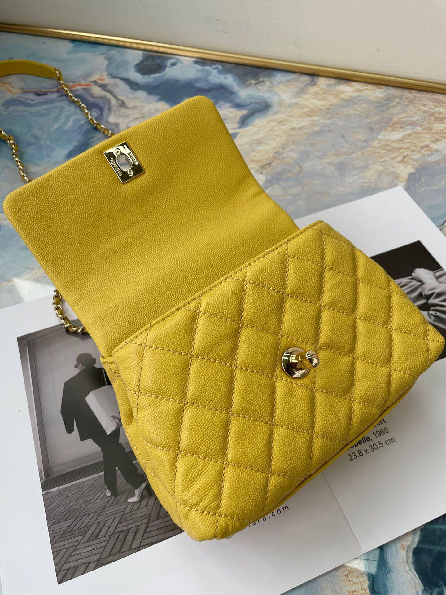 Ch**el extra mini coco handle bag grained leather dark yellow as2215 13 × 19 × 9 cm