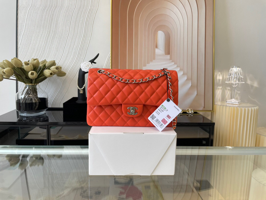 Ch**el classic double flap bag lambskin orange a01112 25.5 cm