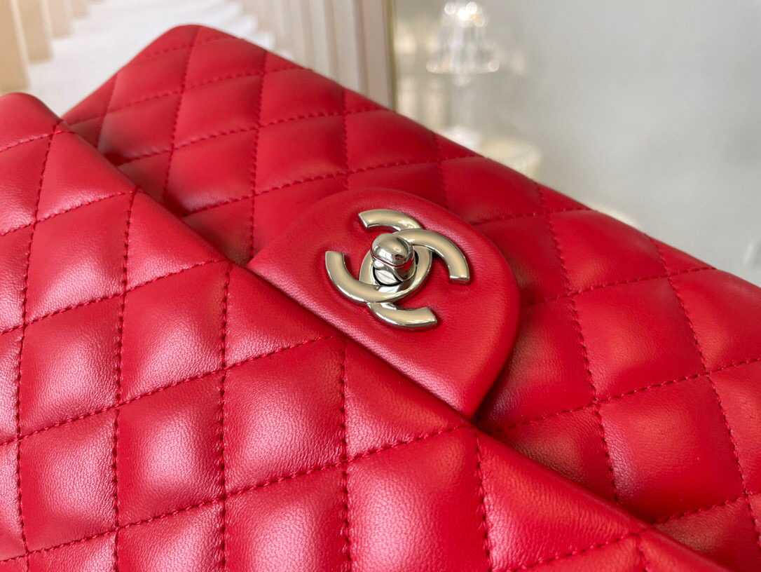 Ch**el classic double flap bag lambskin red a01112 25.5 cm