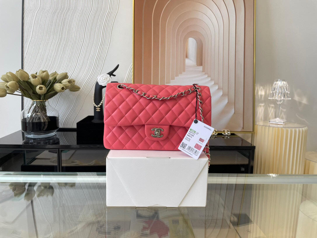 Ch**el classic double flap bag lambskin pink a01112 25.5 cm