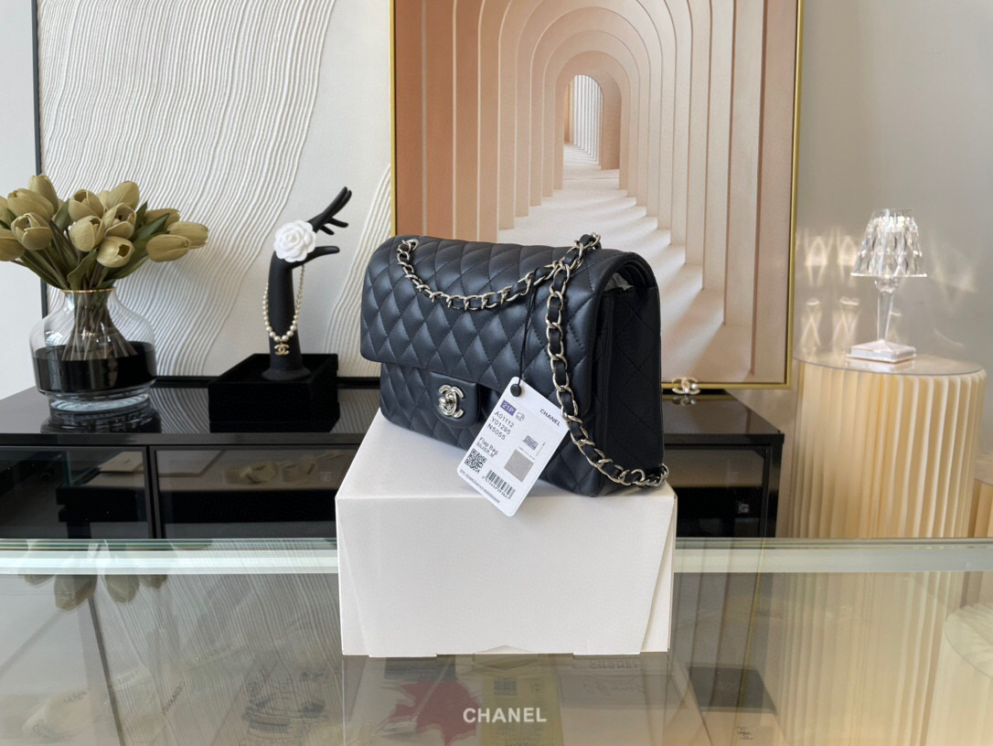 Ch**el classic flap bag black lambskin sliver chain a01112 25.5cm