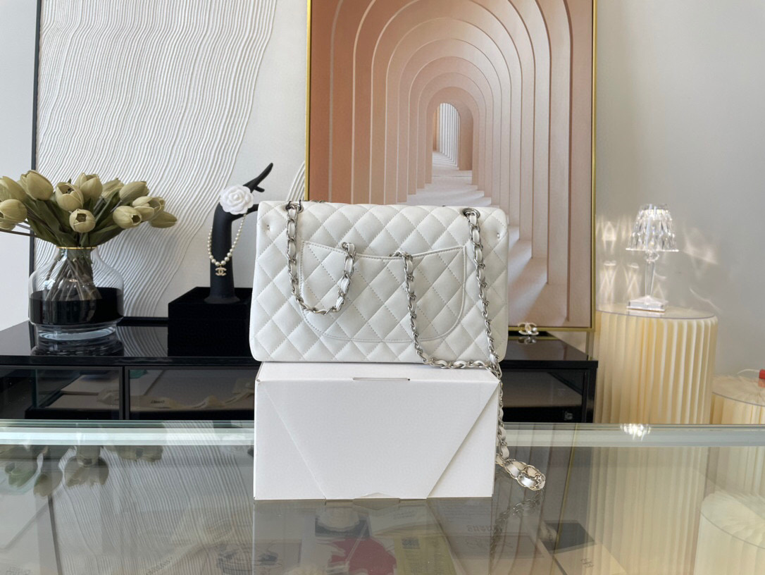 Ch**el classic flap bag white lambskin sliver chain a01112 25.5cm
