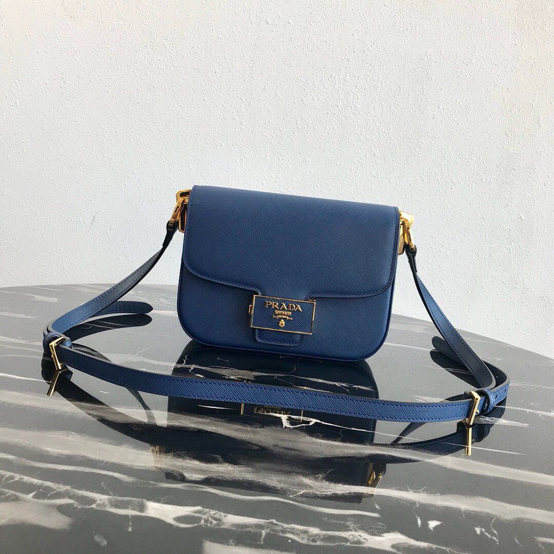 Pra*a saffiano leather emblème bag blue 1bd217 20.5 x 14 x 5 cm