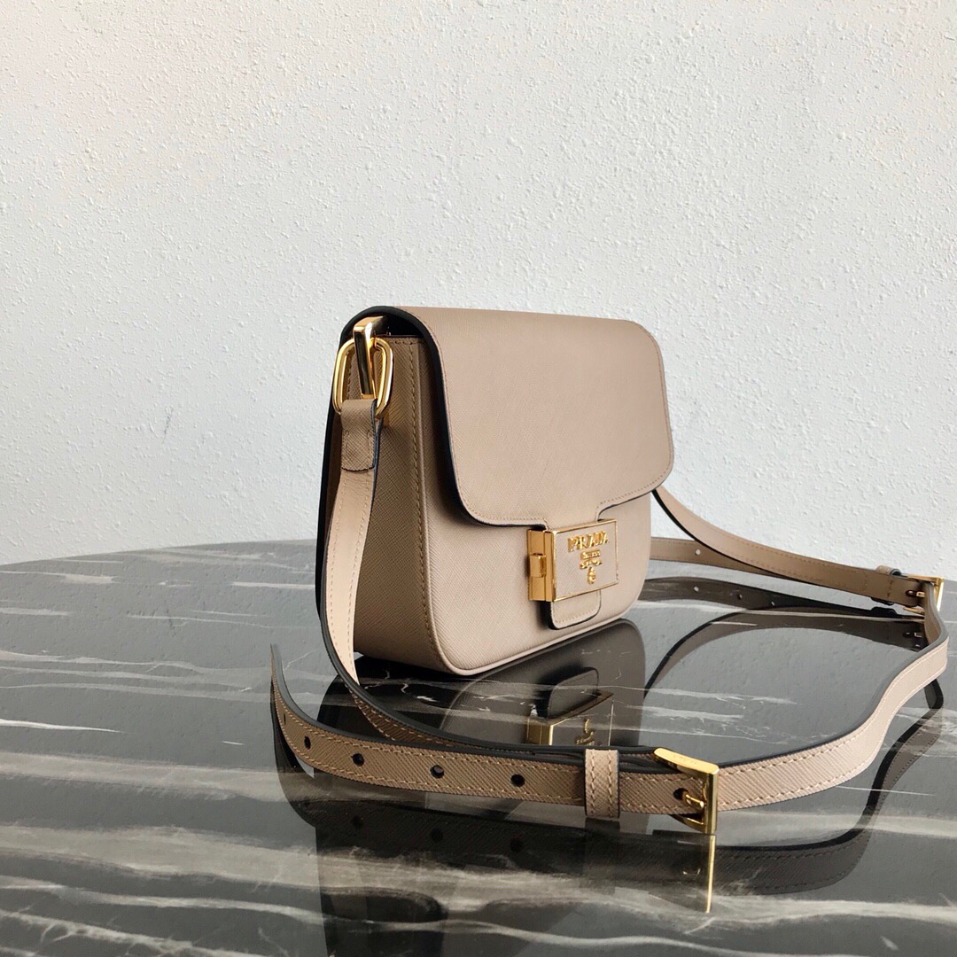 Pra*a saffiano leather emblème bag light beige 1bd217 20.5 x 14 x 5 cm