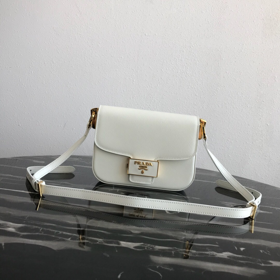 Pra*a saffiano leather emblème bag white 1bd217 20.5 x 14 x 5 cm