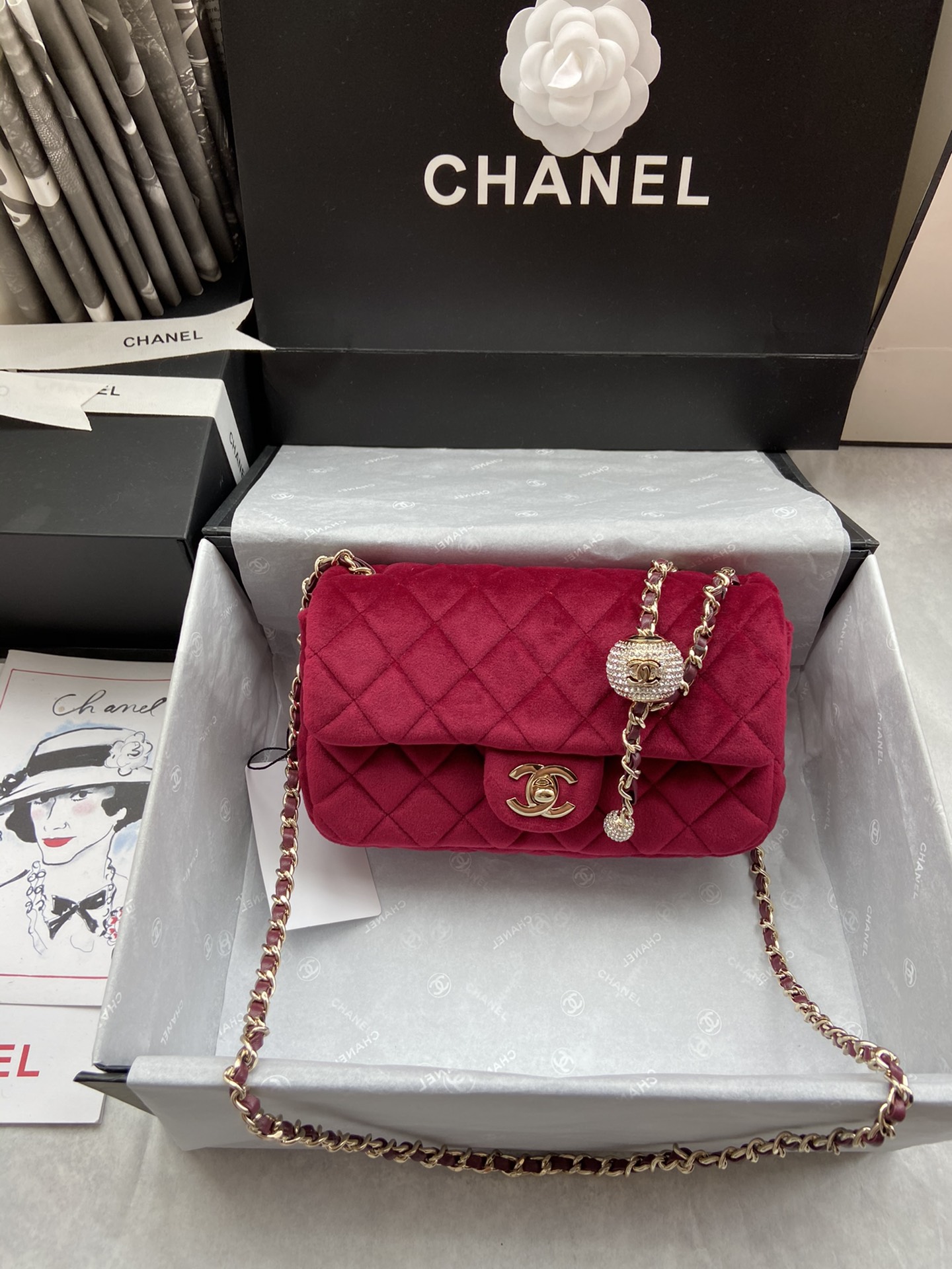 Ch**el charm strap flap bag velvet rubine as1787 20 cm