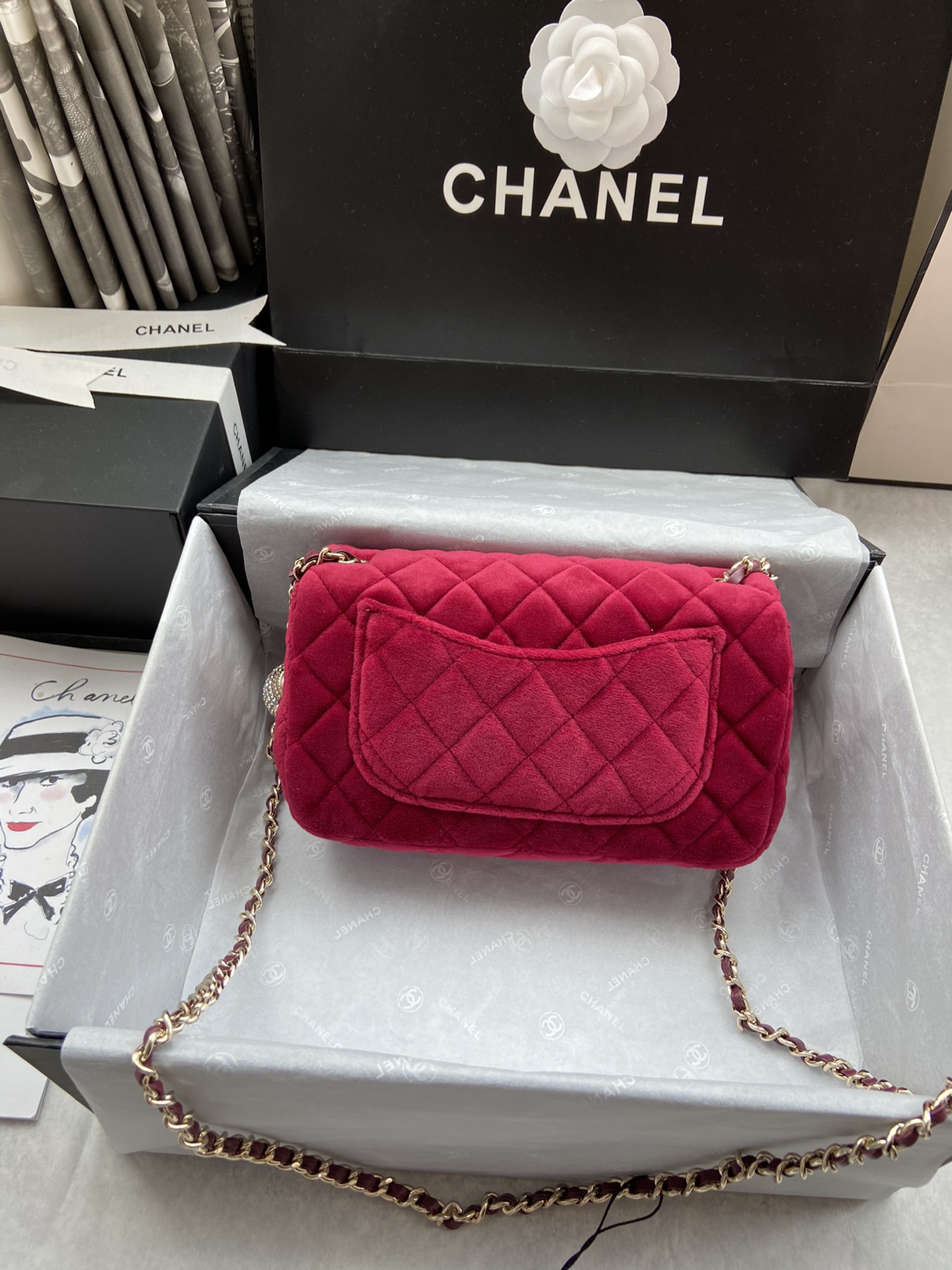 Ch**el charm strap flap bag velvet rubine as1787 20 cm