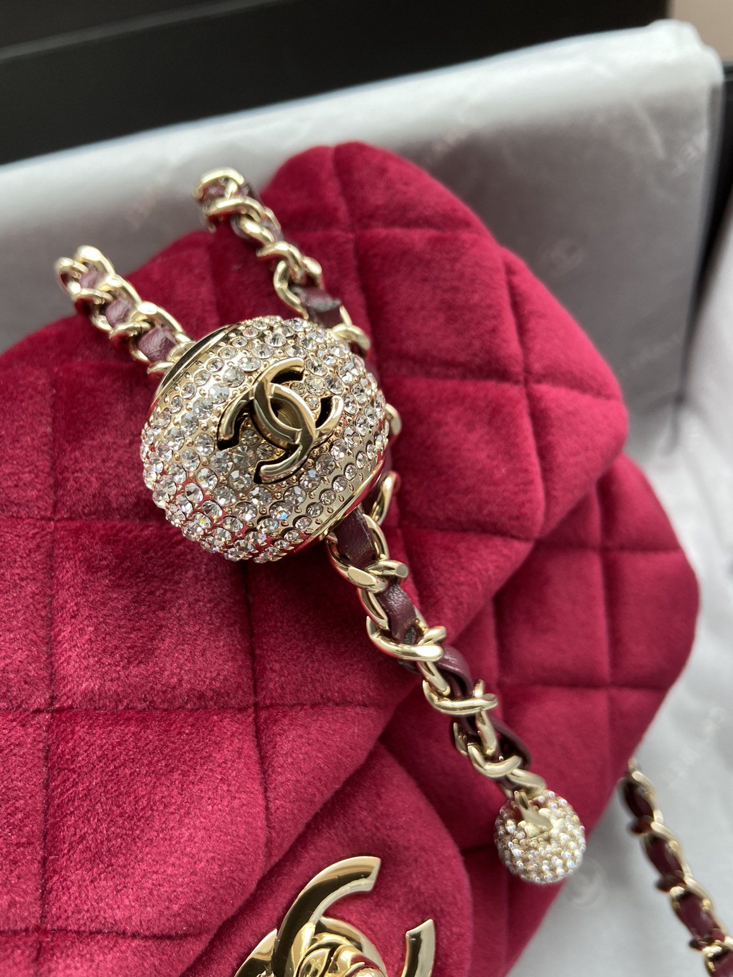 Ch**el charm strap flap bag velvet rubine as1787 20 cm