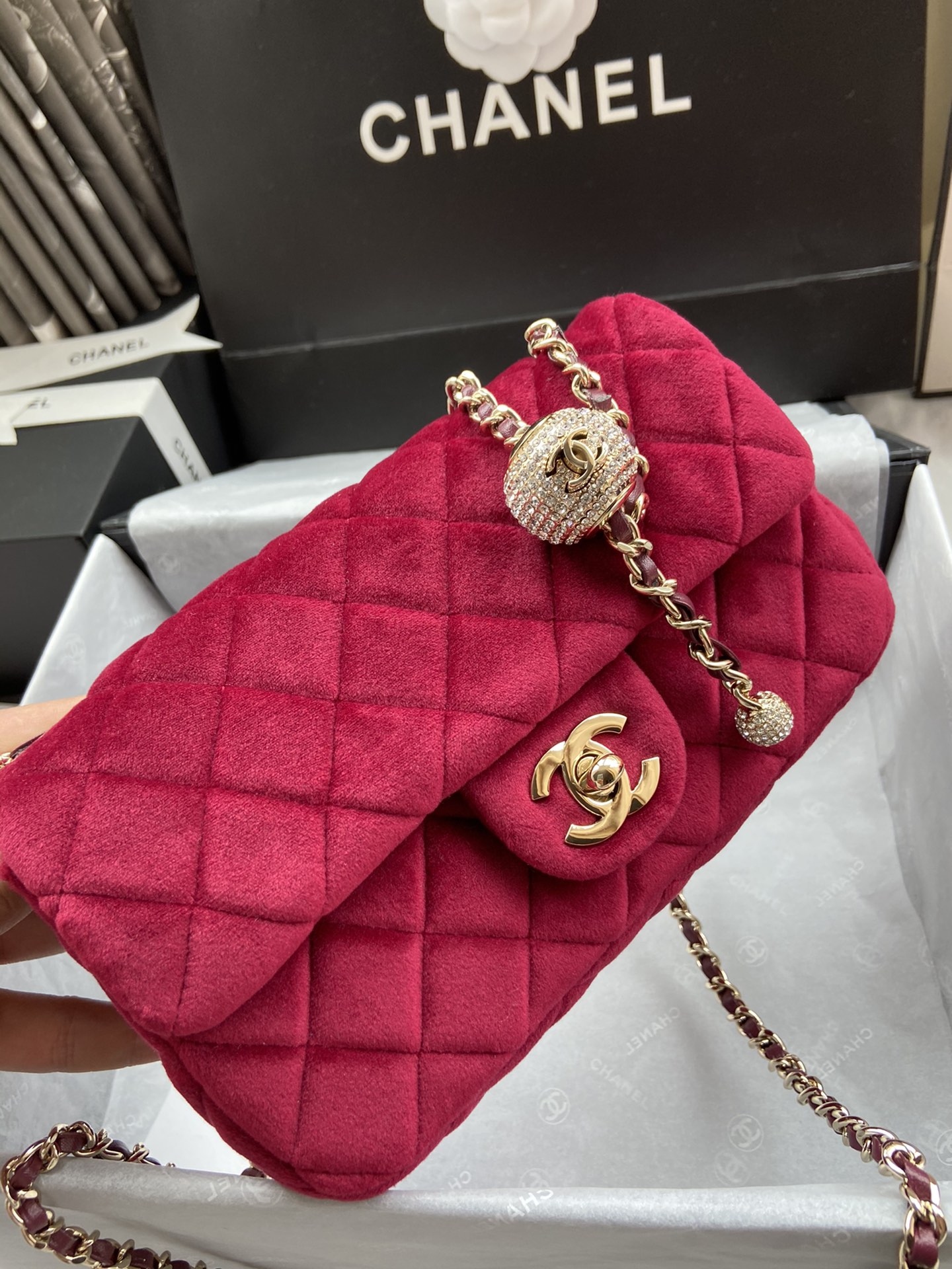 Ch**el charm strap flap bag velvet rubine as1787 20 cm