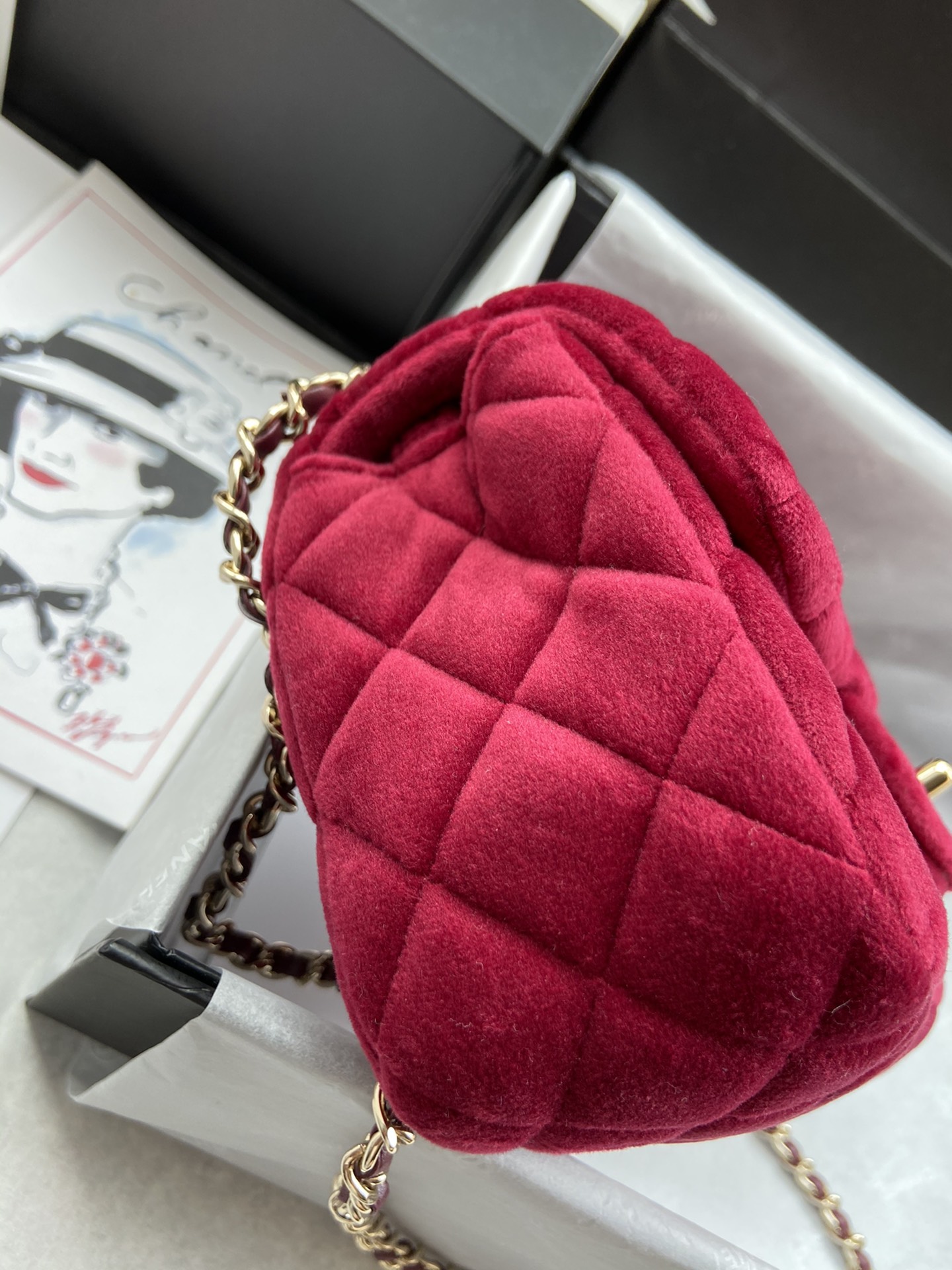 Ch**el charm strap flap bag velvet rubine as1787 20 cm