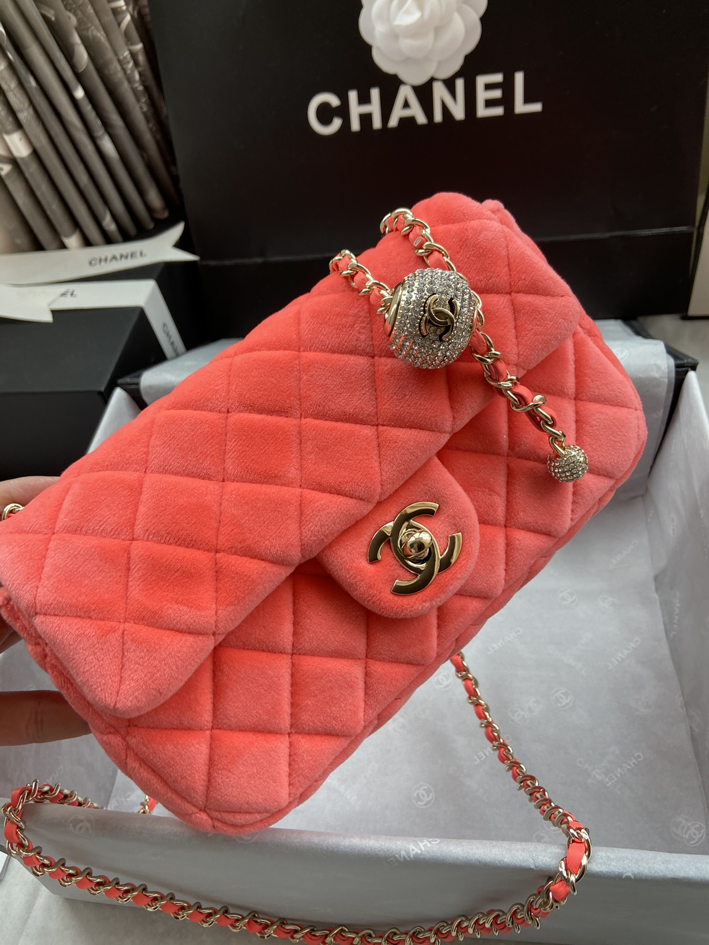 Ch**el charm strap flap bag velvet neon orange as1787 20 cm