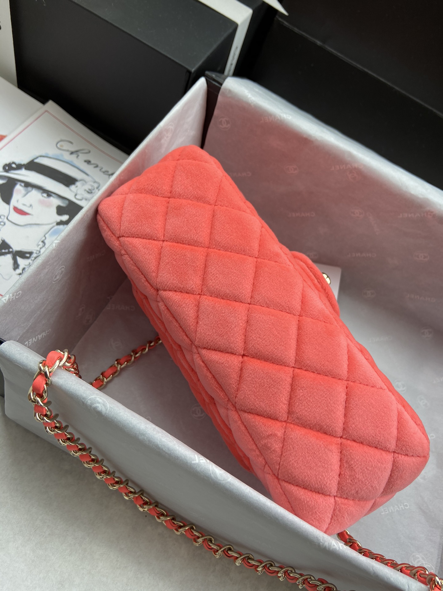 Ch**el charm strap flap bag velvet neon orange as1787 20 cm