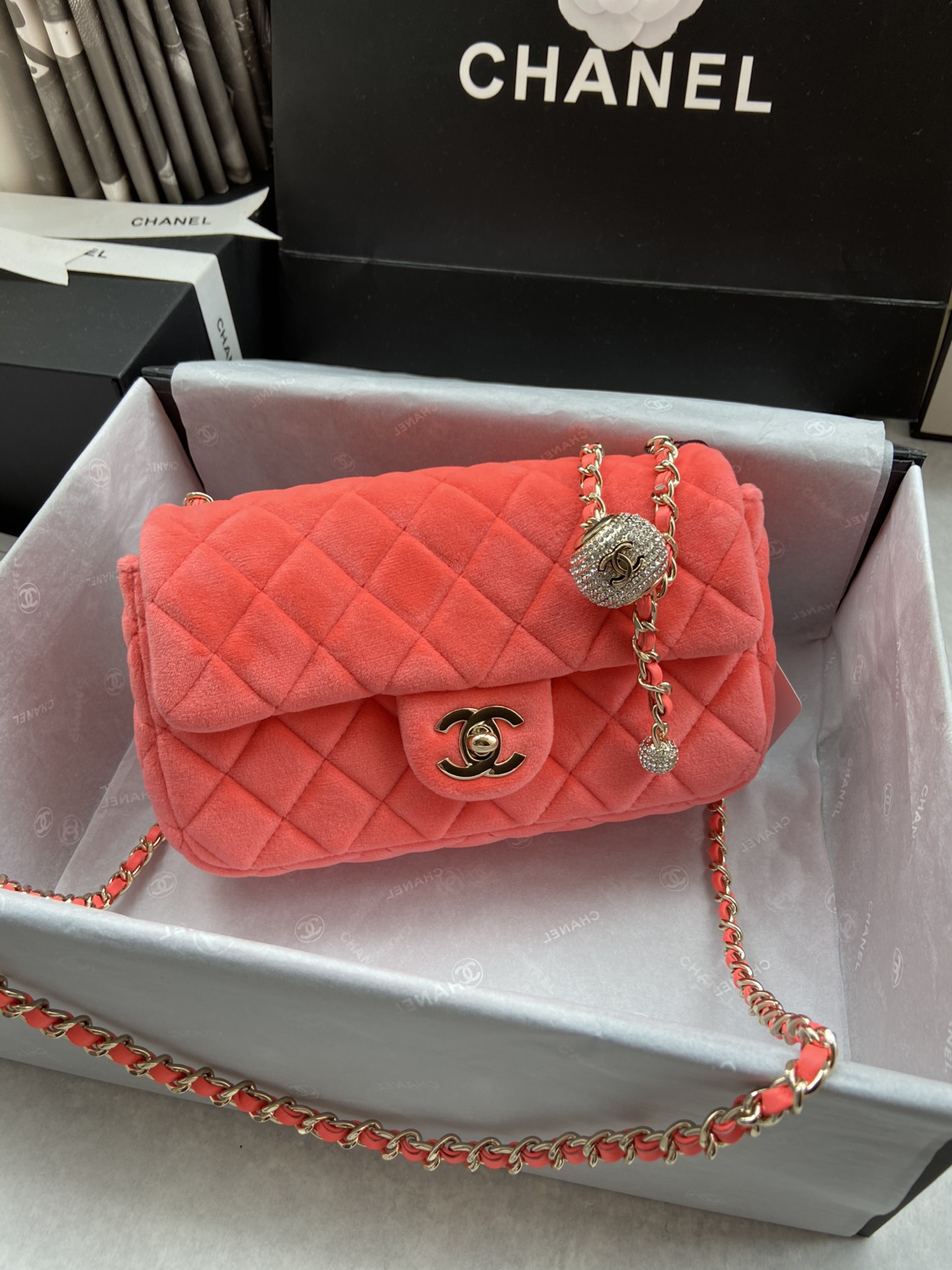 Ch**el charm strap flap bag velvet neon orange as1787 20 cm