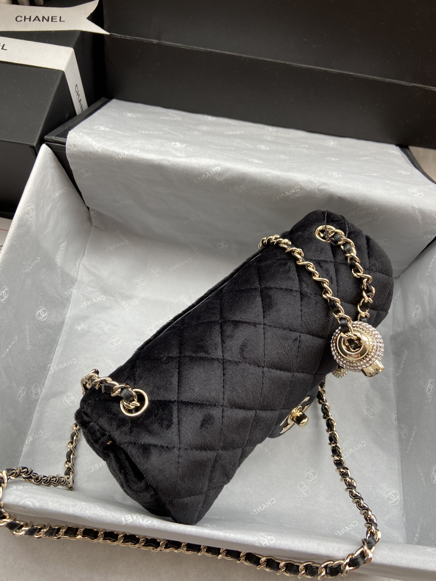 Ch**el charm strap flap bag velvet black as1787 20 cm