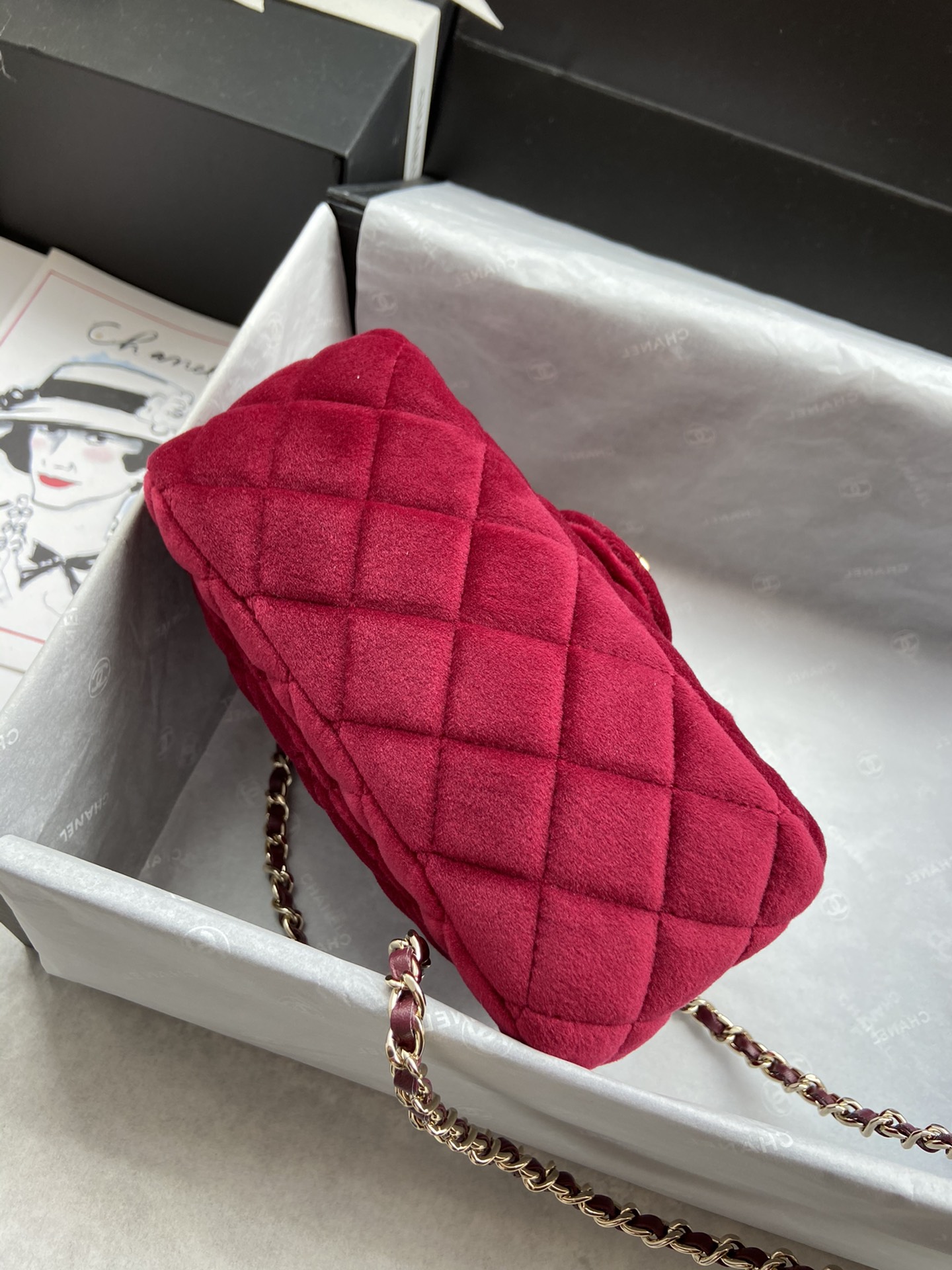 Ch**el small charm strap flap bag velvet rubine as1786 17 cm