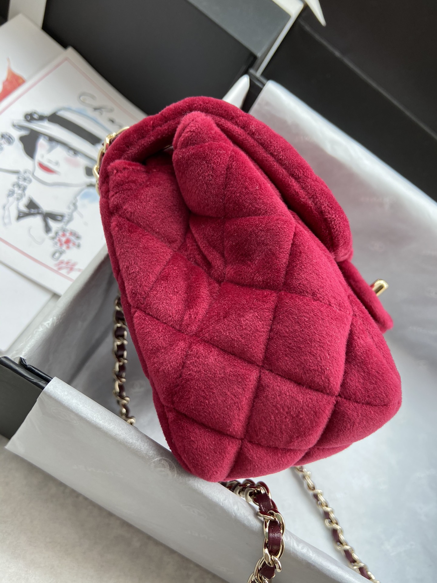 Ch**el small charm strap flap bag velvet rubine as1786 17 cm
