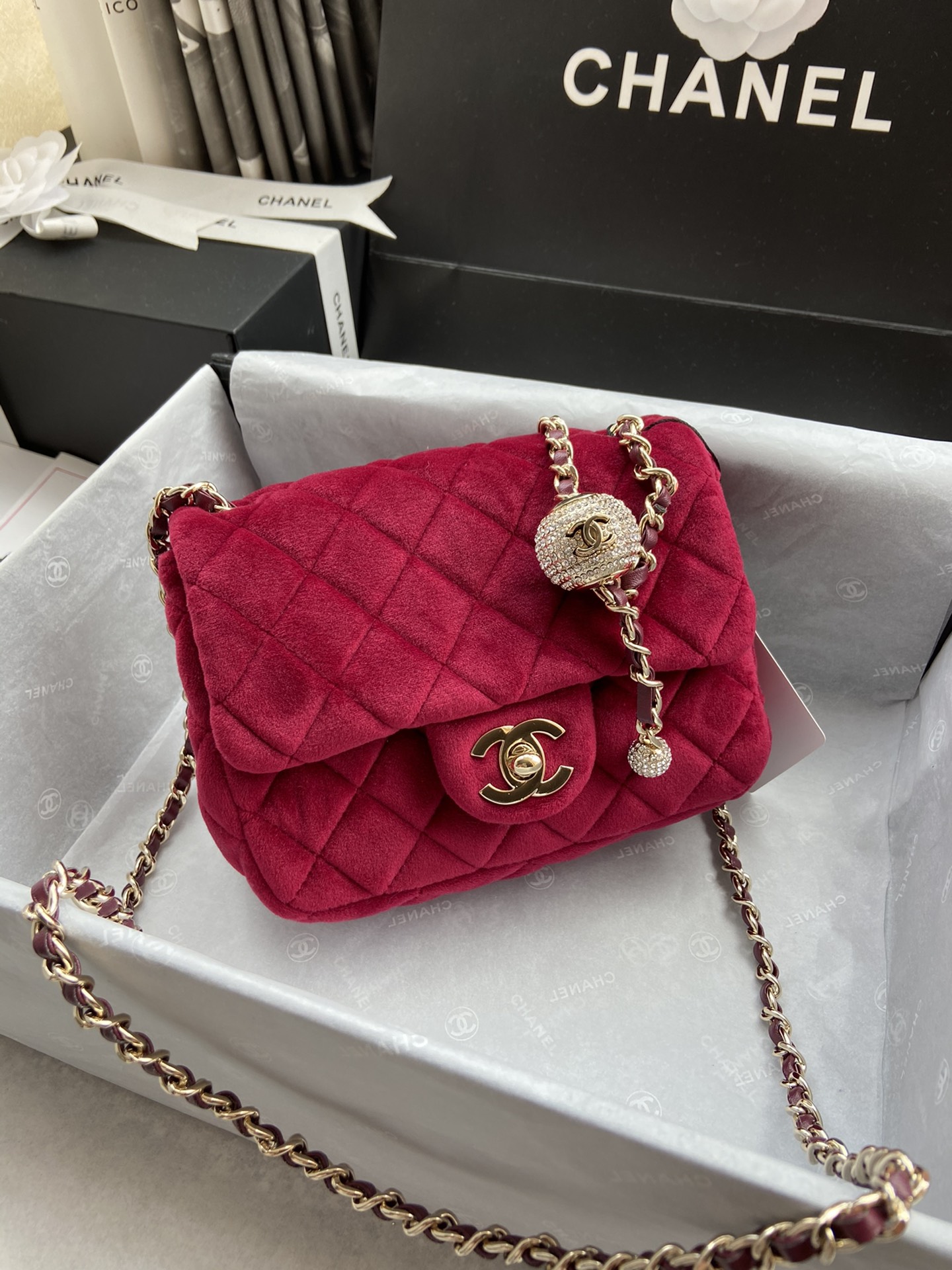 Ch**el small charm strap flap bag velvet rubine as1786 17 cm