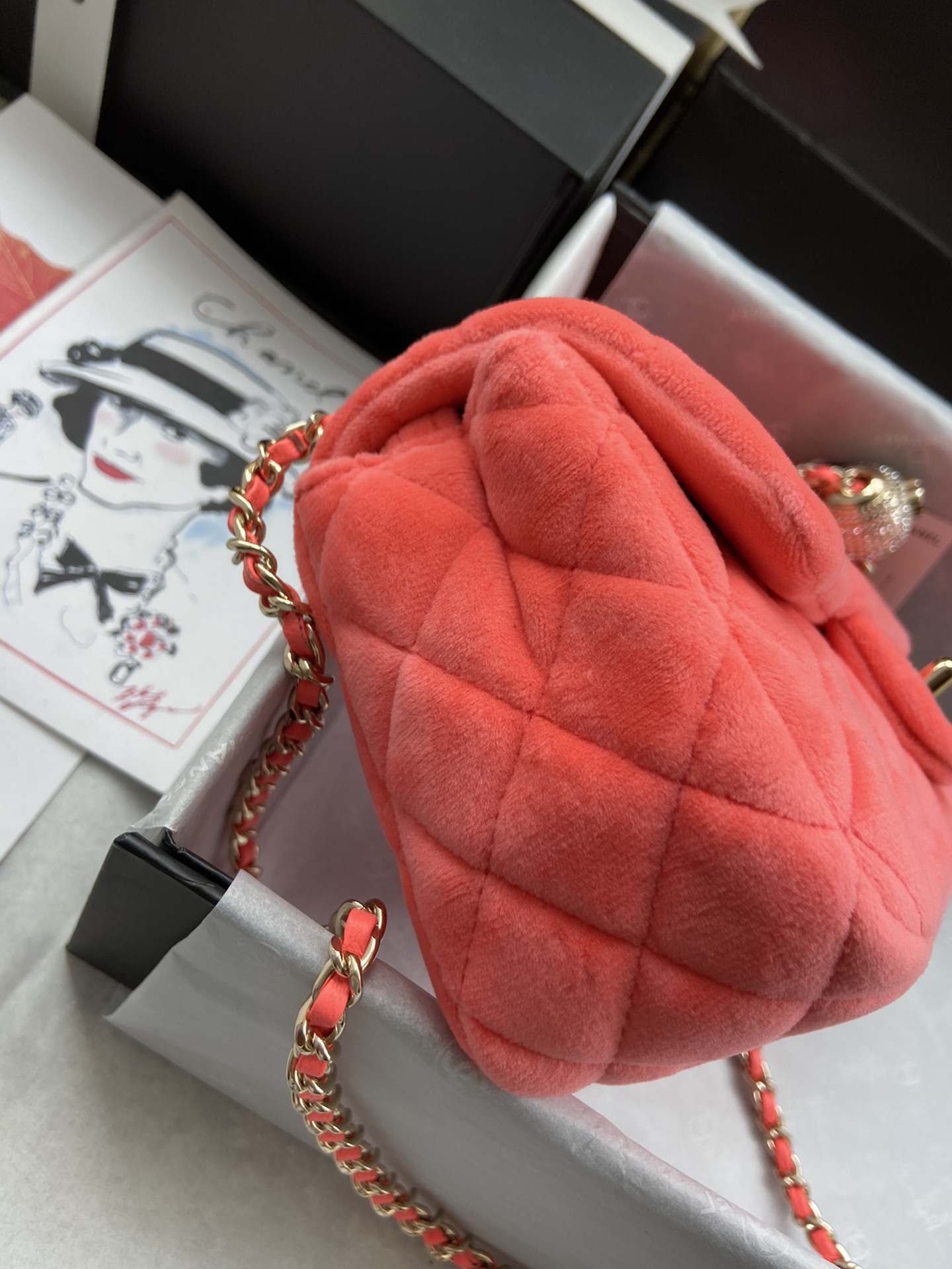 Ch**el small charm strap flap bag velvet neon orange as1786 17 cm