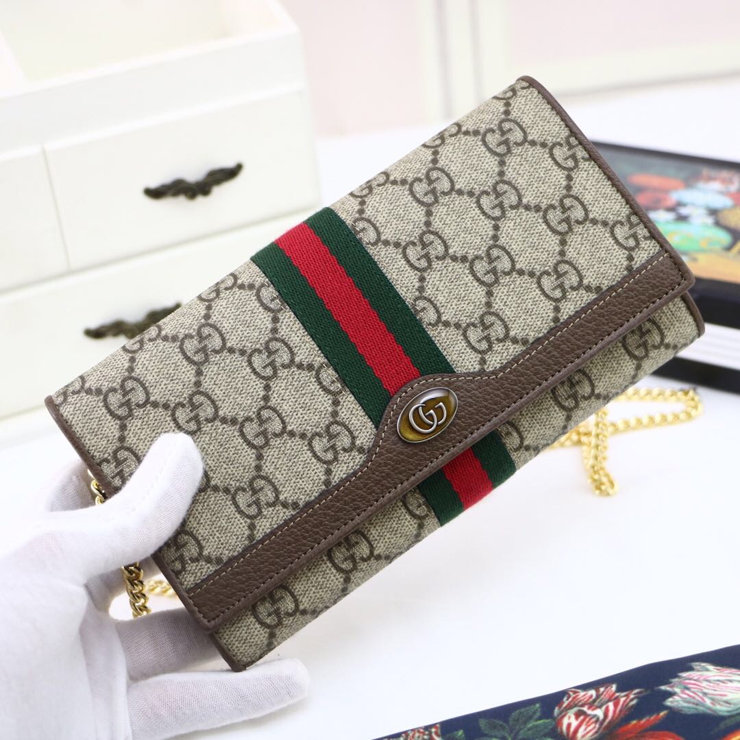 Gvc*1 ophidia gg chain wallet ebony gg svp*me canvas and beige 546592 19 x 10 x  3.5 cm