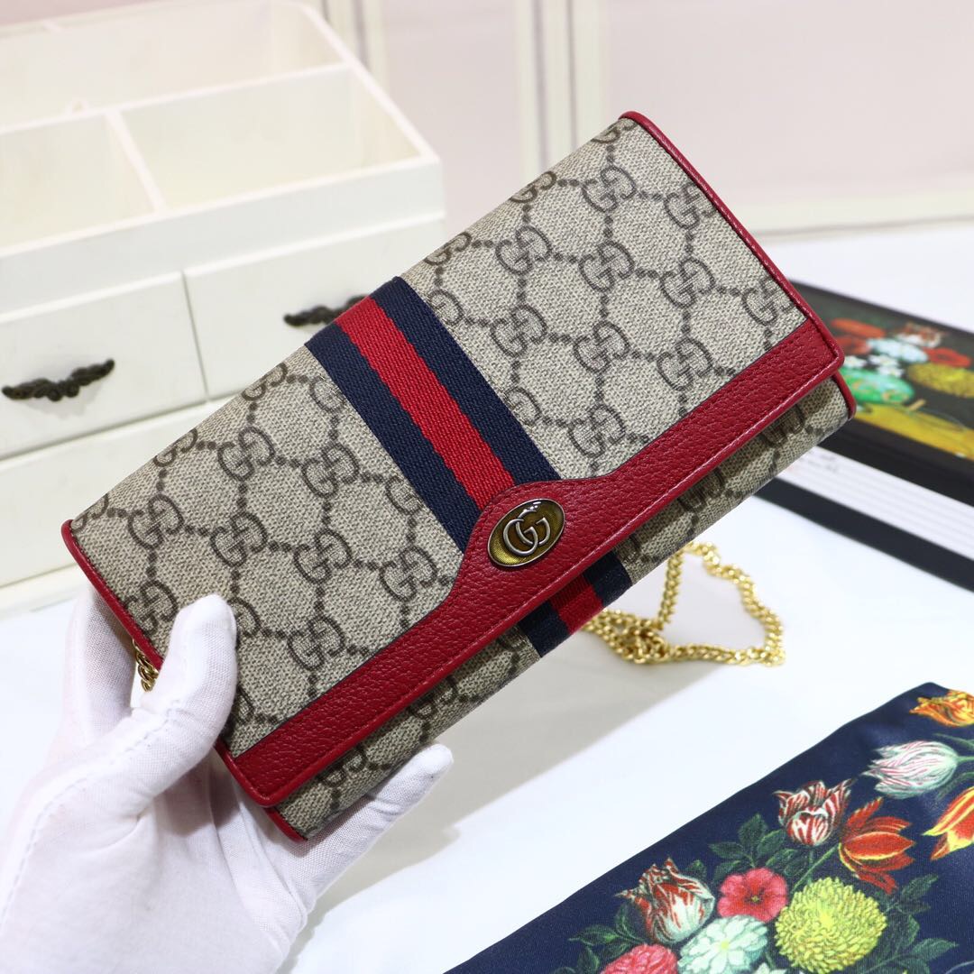 Gvc*1 ophidia gg chain wallet ebony gg svp*me canvas and red 546592 19 x 10 x  3.5 cm