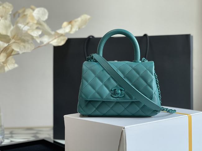 Ch**el mini coco handle grained calfskin cobalt green a92991 24 x 14 x 6.5 cm