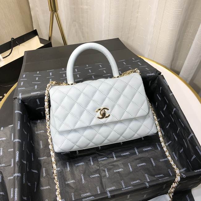 Ch**el mini coco grained calfskin with handle sky blue a92990 23.5 x 13.75 x 9.75 cm