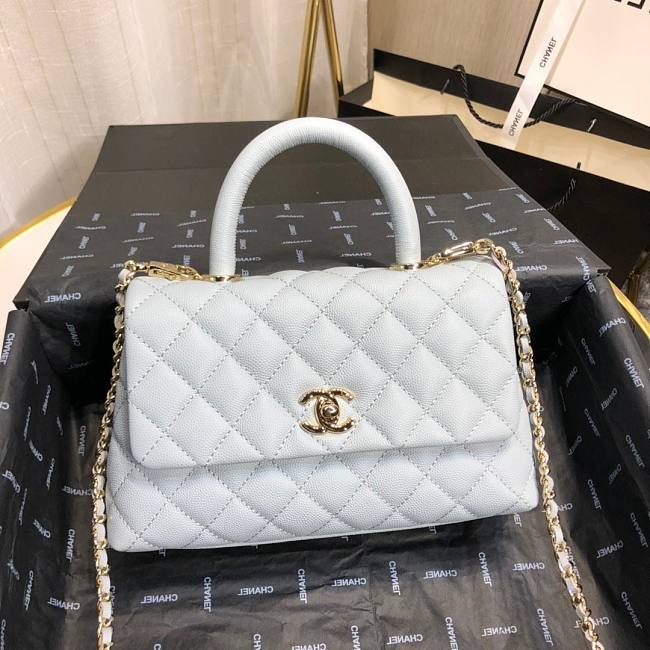 Ch**el mini coco grained calfskin with handle sky blue a92990 23.5 x 13.75 x 9.75 cm