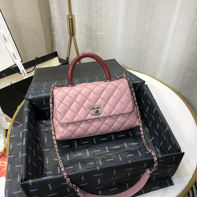 Ch**el mini coco grained calfskin with handle pink a92990 23.5 x 13.75 x 9.75 cm