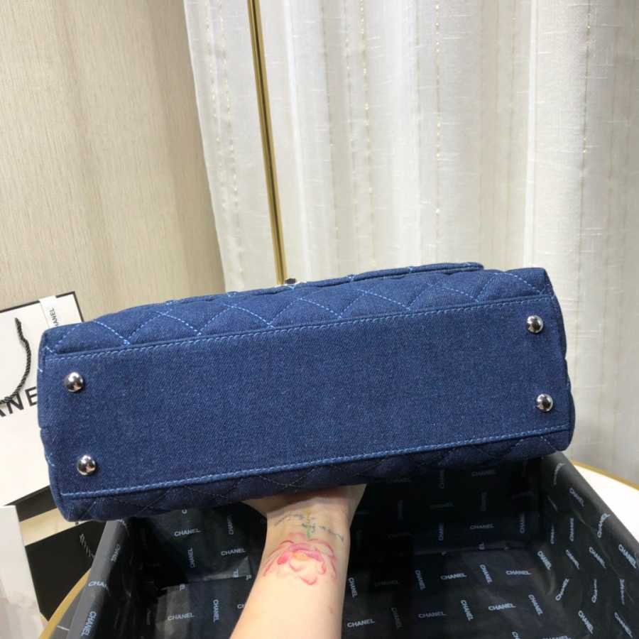 Ch**el small coco grained calfskin with top handle flap bag denim a92991 28.5 x 18.25 x 11.75 cm