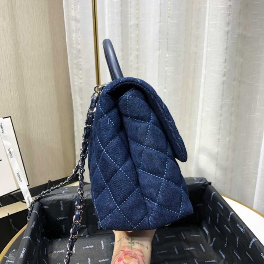 Ch**el small coco grained calfskin with top handle flap bag denim a92991 28.5 x 18.25 x 11.75 cm
