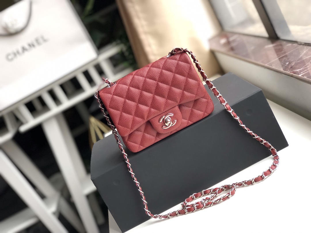 Ch**el mini flap bag caviar silver metal burgundy a35200 17cm