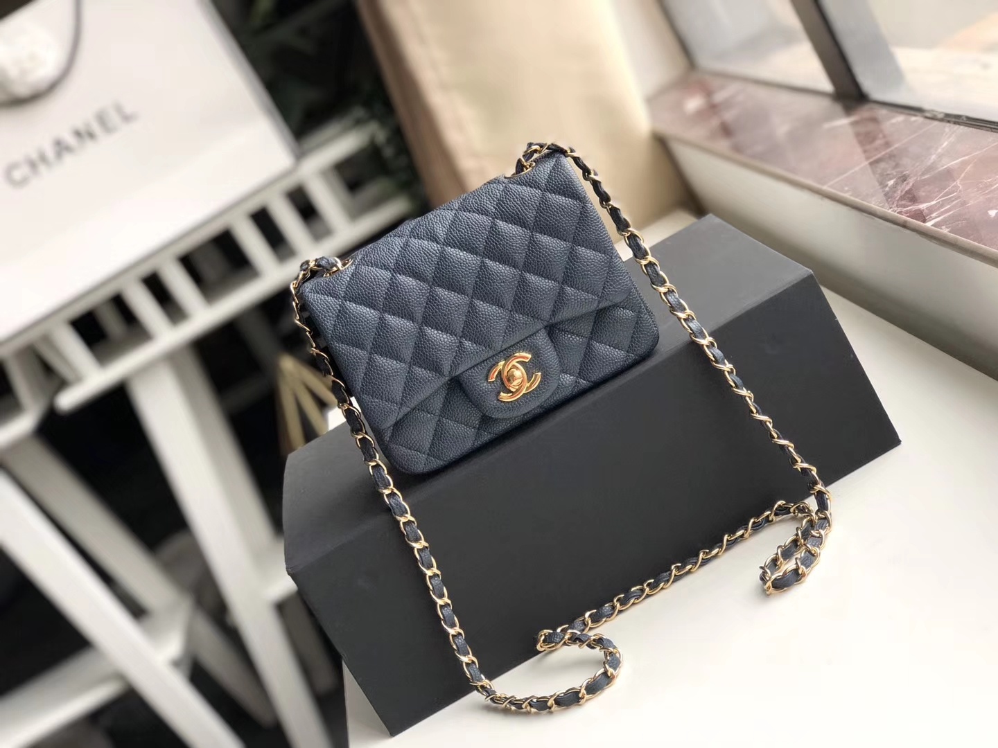 Ch**el mini flap bag caviar golden metal dark blue a35200 17cm