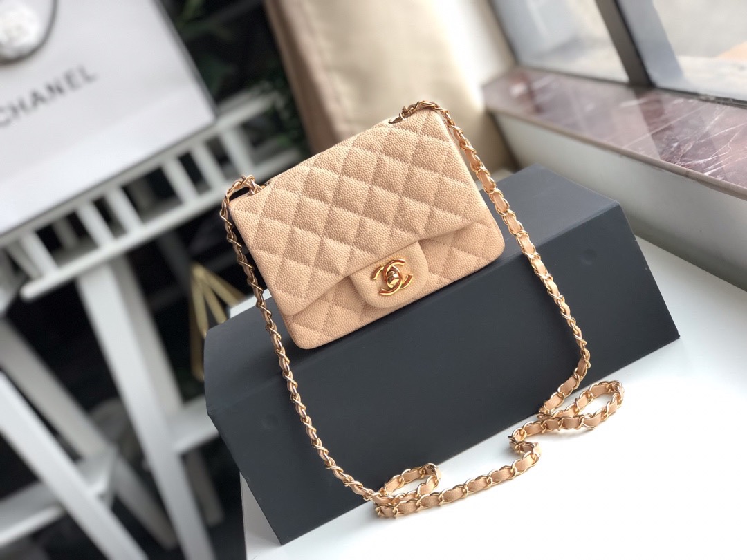 Ch**el mini flap bag caviar golden metal beige a35200 17cm